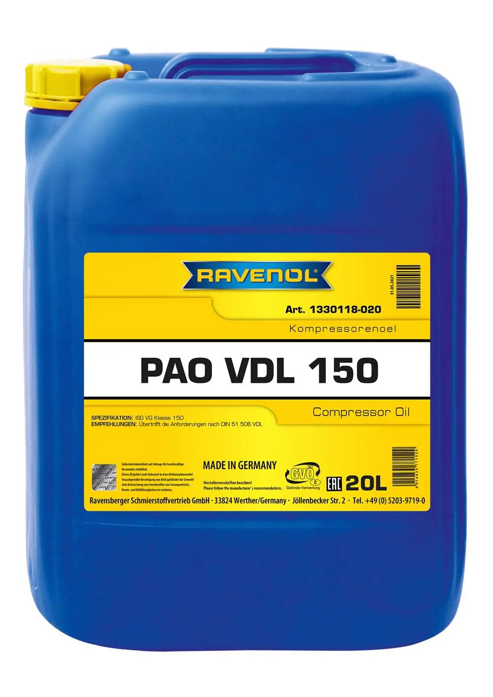 RAVENOL Kompressorenoel PAO VDL 150  20 L